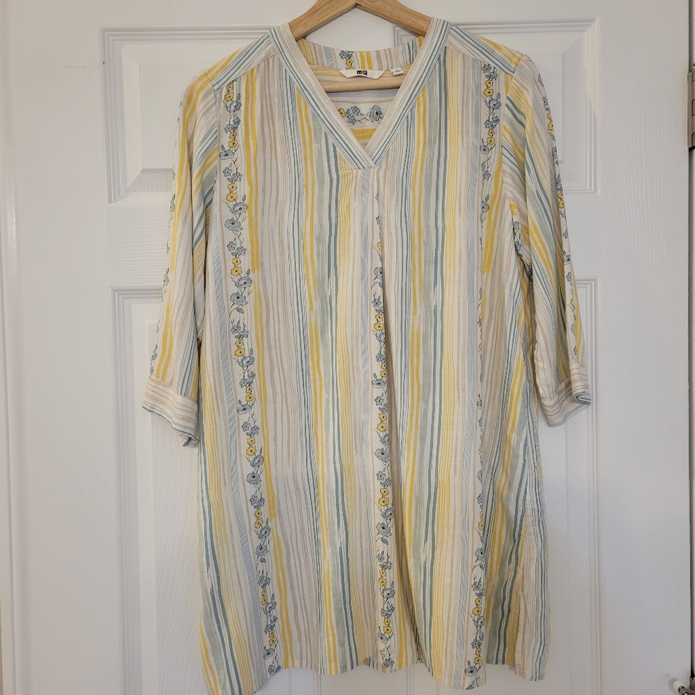 Yellow Blue Floral Stripes Uniqlo Tunic 100% Rayon, size S